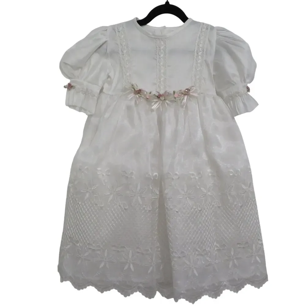 Kids Sz 3 White Baptism Christening Dress Embroidered Bows Flowers Puffy Sleeves